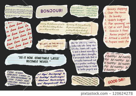 Ripped paper strips with handwritten text. Realistic crumpled paper scraps with torn edges. Shreds of notebook, book or old newspaper pages. Trendy collage elements. Vector illustration Ripped paper strips with handwritten text. Realistic crumpled paper scraps with torn edges. Shreds of notebook, book or old newspaper pages. Trendy collage elements. Vector illustration 120624278