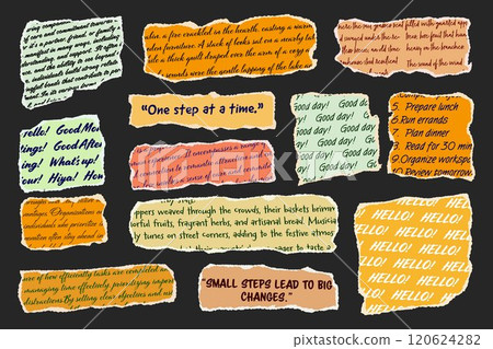 Ripped paper strips with handwritten text. Realistic crumpled paper scraps with torn edges. Shreds of notebook, book or old newspaper pages. Trendy collage elements. Vector illustration 120624282