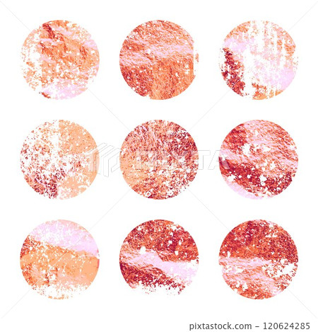 Grunge rose gold foil, shiny handmade circles. Golden glittering texture, pattern. Luxury shining hand drawn background. Wedding, greeting card decoration elements. Modern art. Vector illustration 120624285