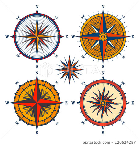 Vintage marine wind rose, nautical chart. Colorful navigational compass with cardinal directions of North, East, South, West. Geographical position, cartography and navigation. Vector illustration 120624287