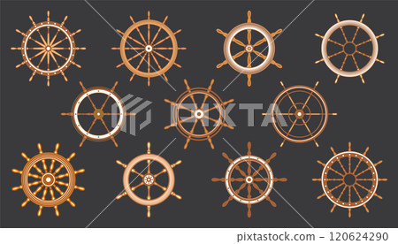 Wooden vintage steering wheels. Ship, sailboat or yacht retro wheel symbol. Brown nautical rudder icon. Marine logotype design element. Vector illustration 120624290