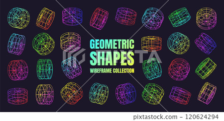 Neon lined wireframe shapes. Perspective mesh, 3d grid. Low poly geometric elements. Retro futuristic design elements, y2k, vaporwave and synthwave style. Vector illustration 120624294