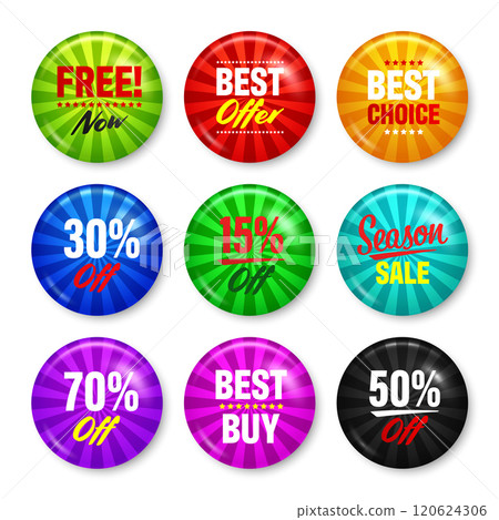 Realistic funky badges with text. Product promotion, sale. Special offer. Glossy round button. Pin badge mockup. Vector illustration Realistic funky badges with text. Product promotion, sale. Special offer. Glossy round button. Pin badge mockup. Vector illustration 120624306