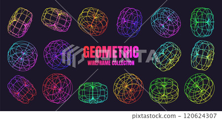 Neon lined wireframe shapes. Perspective mesh, 3d grid. Low poly geometric elements. Retro futuristic design elements, y2k, vaporwave and synthwave style. Vector illustration Neon lined wireframe shapes. Perspective mesh, 3d grid. Low poly geometric elements. Retro futuristic design elements, y2k, vaporwave and synthwave style. Vector illustration 120624307