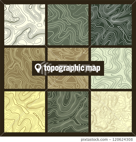 Colorful topographic map with contour lines. Geographic terrain grid, relief height elevation. Ground path pattern. Travel and navigation, cartography design element. Vector illustration 120624308