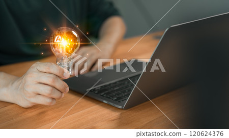 Male hand holding a light bulb to generate ideas with AI helping. Technology AI with innovation through and inspiration ideas, creativity and inspiration concept of sustainable business development. 120624376