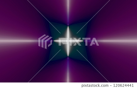 White star in the center of the gradient image. Four-pointed star emitting light rays on a lilac background. Abstract image. 120624441