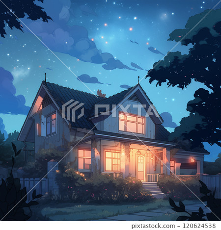 Fantastic night landscape painting of red buildings and a full moon 120624538