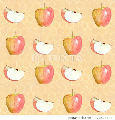 A shiny striped apple whole and a quarter watercolor seamless pattern on honey comb background. Hand-painted art perfect for culinary designs, packages, Rosh Hashanah, juice, harvest themed decor 120624728
