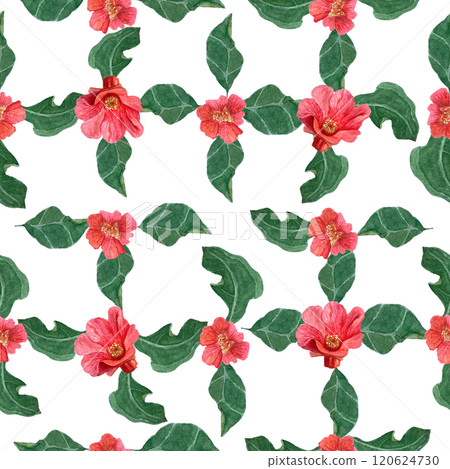 Red pomegranate flowers and green leaves watercolor seamless pattern isolated on white. The hand-painted vibrant artwork perfect for botanical prints, wrapping paper, textile and decor. Summer clip 120624730