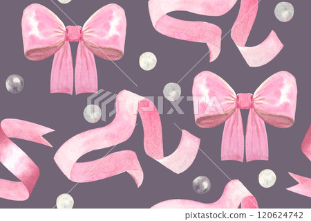 A satin bow, ribbon, pearls watercolor seamless pink pattern on dark grey background. Hand drawn design elements perfect for wrapping paper, textile, websites, cards, poster, mother day decor 120624742
