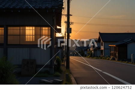 Lights spill out from the shops in the city at dusk 120624752