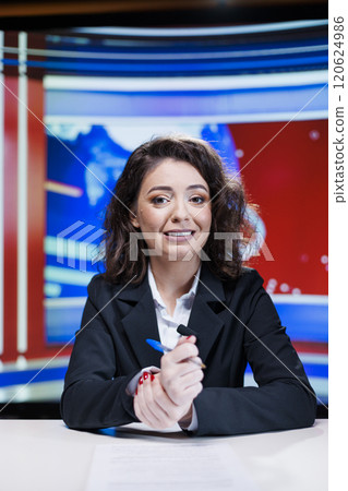 TV host delivering daily happenings in the studio while providing live coverage on every relevant topics. Journalist for worldwide media presenting stories on global television connection. TV host delivering daily happenings in the studio while providing live coverage on every relevant topics. Journalist for worldwide media presenting stories on global television connection. 120624986
