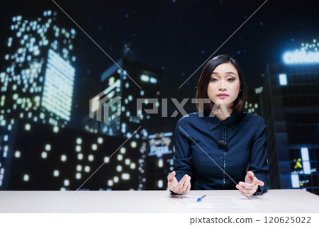Media reporter covering news topics live on night show, presenting latest events in newsroom. Asian woman working as presenter hosting entertainment segment on television network. 120625022