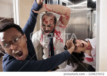 BIPOC man struggling to escape from scary undead monsters coming out of haunted elevator. Doomsday survivor pushing terrifying sinister zombies trying to devour his flesh in office building BIPOC man struggling to escape from scary undead monsters coming out of haunted elevator. Doomsday survivor pushing terrifying sinister zombies trying to devour his flesh in office building 120625032