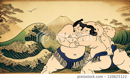 Sumo wrestler and Mt. Fuji (background: generated AI) Sumo wrestler and Mt. Fuji (background: generated AI) 120625122