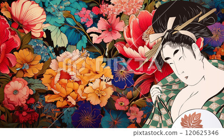 七彩花朵和日服女子（背景：AI世代） 120625346