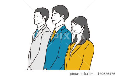 A simple illustration of business people standing side by side with smiles 120626376
