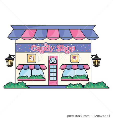 Colorful candy shop facade with decorations, Vector Colorful candy shop facade with decorations, Vector 120626441