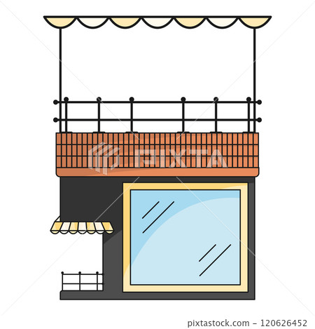 Modern building with terrace and stylish awnings, Vector 120626452