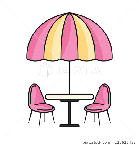 Outdoor table with pink chairs and striped umbrella, Vector 120626453