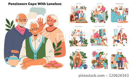 Senior Engagement concept. Elderly individuals engaging in social activities to combat loneliness. Social clubs, volunteering, and family interactions depicted. Vector illustration. 120626563