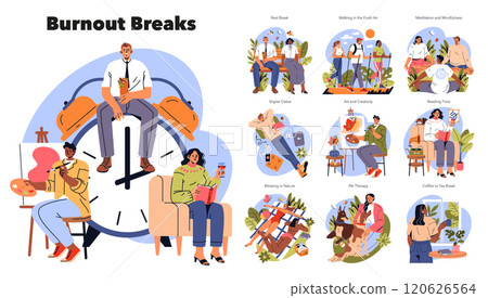 Burnout Breaks set. Different methods of relaxation portrayed through enjoyable activities for stress relief. Work-life balance, peace, and rejuvenation themes. Vector illustration. Burnout Breaks set. Different methods of relaxation portrayed through enjoyable activities for stress relief. Work-life balance, peace, and rejuvenation themes. Vector illustration. 120626564