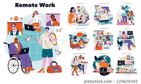 Remote Work set. Diverse individuals engage in digital tasks across various settings, showcasing flexibility and global connectivity. Inclusive, nomadic lifestyle, and work-life balance. Vector 120626565