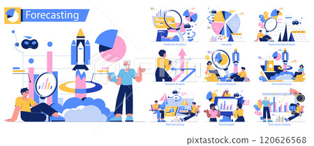 Forecasting concept set. Data analysis and prediction methods illustrated through engaging scenes with analysts and charts. Strategic decision-making tools in action. Vector illustration. 120626568