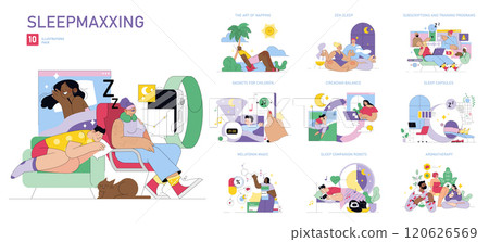 Sleepmaxxing set. Illustrations showcasing methods for improving sleep quality. Relaxation techniques, high-tech sleep aids, and wellness habits. Vector illustration. 120626569