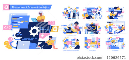 Development Process Automation set. Various stages of software creation showcased by professionals and AI. Coding, testing, and deployment activities. Vector illustration. 120626571