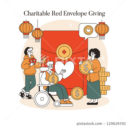 Lunar New Year charity concept. People donating money through big red envelope adorned with heart symbol, promoting generosity. Vector illustration. 120626592
