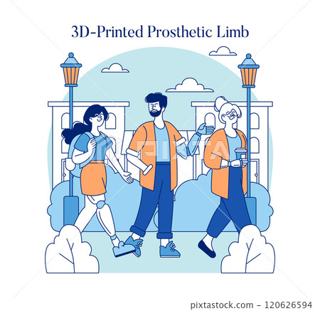 Adaptive Technology concept. Illustration of people with a 3D-printed prosthetic limb enjoying a walk. Inclusion and innovation in assistive devices. Vector illustration. Adaptive Technology concept. Illustration of people with a 3D-printed prosthetic limb enjoying a walk. Inclusion and innovation in assistive devices. Vector illustration. 120626594