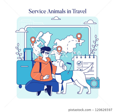 Disabled travel concept. Illustration of person with service dog, luggage, and map highlights accessibility in tourism. Vector illustration. 120626597