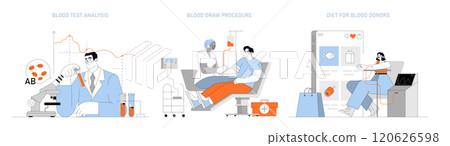 Blood Donor Day set. Stages of blood donation from test analysis to dietary recommendations. Health, medical exam, and voluntary service vector illustration. Blood Donor Day set. Stages of blood donation from test analysis to dietary recommendations. Health, medical exam, and voluntary service vector illustration. 120626598
