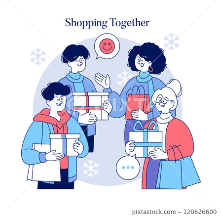 Super Saturday concept. Friends enjoy the festive shopping spree, holding gifts and sharing cheerful conversations. Holiday season excitement. Vector illustration. Super Saturday concept. Friends enjoy the festive shopping spree, holding gifts and sharing cheerful conversations. Holiday season excitement. Vector illustration. 120626600