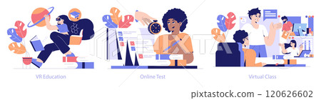 Edtech set. VR Education showcases immersive learning, Online Test highlights assessment, Virtual Class depicts remote education. Vector illustration. 120626602