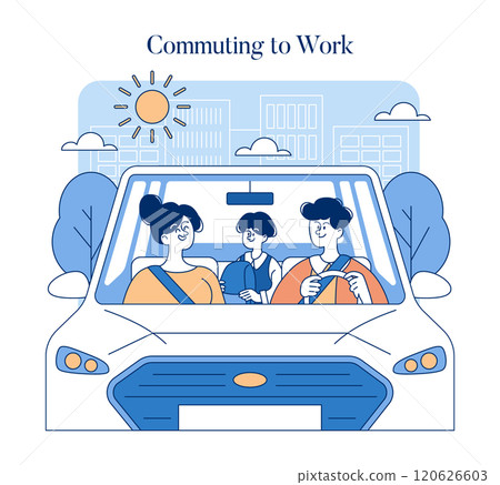 Middle Class Family concept. Portrayal of daily urban life with a family commuting to work by car on a sunny day. Routine, togetherness, city backdrop. Vector illustration. 120626603