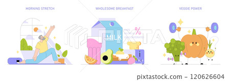 Healthy Lifestyle set. Starting with morning stretch, enjoying balanced breakfast, and promoting strength with vegetables. Vector illustration. 120626604