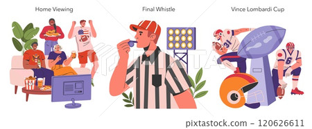 Super Bowl set. Fans celebrate at home, referee signals game end, trophy moment. Capturing the spirit of football's big game. Vector illustration. 120626611