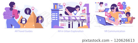 Immersive Reality set. Exploring digital enhancements in travel, urban engagement, and remote communication. Interactive tech transforming experiences. Vector illustration. 120626613