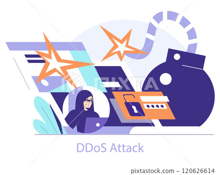 Cybercrime concept. Hacker launching a DDoS attack, causing service disruption. Digital security threat and internet crime scene. Vector illustration. Cybercrime concept. Hacker launching a DDoS attack, causing service disruption. Digital security threat and internet crime scene. Vector illustration. 120626614