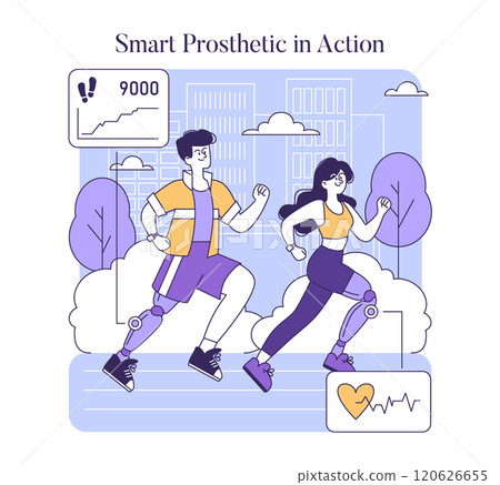 AI Prosthetic Technology concept. An illustration of disabled people running with smart prosthetics, displaying empowerment and accessibility. Vector illustration. AI Prosthetic Technology concept. An illustration of disabled people running with smart prosthetics, displaying empowerment and accessibility. Vector illustration. 120626655