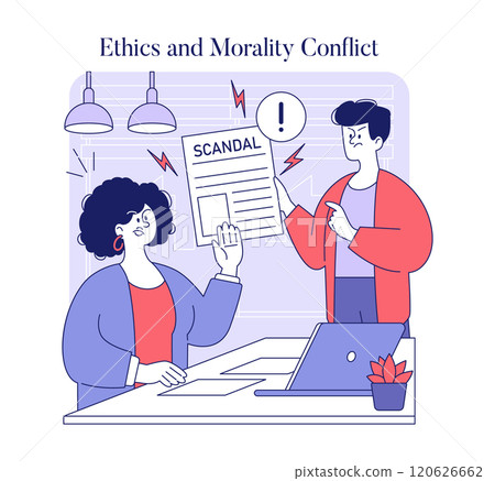 Workplace dispute concept. Illustration of a heated argument between colleagues over a scandalous document, highlighting ethical conflicts. Vector illustration. 120626662