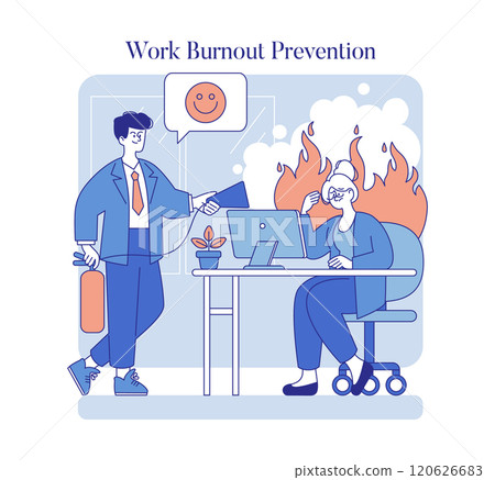 Work burnout prevention illustration. A supportive colleague extinguishes burnout at the workplace, aiding a stressed employee. Vector illustration. 120626683