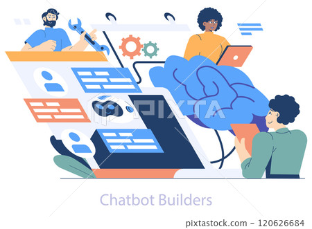 AI Hobbyist concept. Diverse individuals engage with chatbot development tools, collaborating to create intelligent conversational agents. Vector illustration. 120626684
