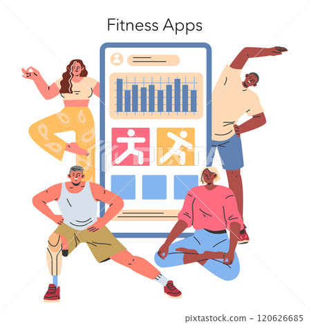 Home workout concept. Diverse people engaging in fitness exercises using a mobile app. Fitness routine tracking and guided training. Vector illustration. 120626685