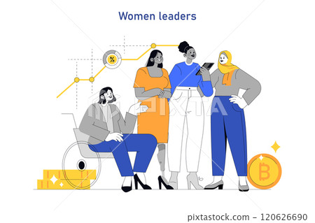 Women Leaders concept. Diverse female professionals discussing financial growth and cryptocurrency, showcasing leadership and teamwork. Vector illustration. Women Leaders concept. Diverse female professionals discussing financial growth and cryptocurrency, showcasing leadership and teamwork. Vector illustration. 120626690