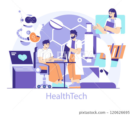 Healthtech concept. Modern healthcare technology with patient care, AI assistant, and virtual consultation. Digital medical advancements. Vector illustration. Healthtech concept. Modern healthcare technology with patient care, AI assistant, and virtual consultation. Digital medical advancements. Vector illustration. 120626695