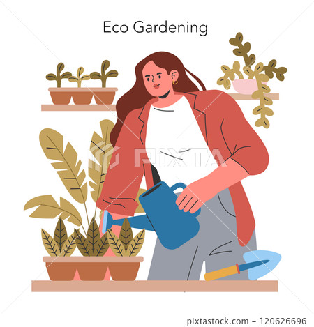Eco Gardening concept. A woman engaging in sustainable gardening, nurturing houseplants with love. Urban lifestyle blend with nature. Vector illustration. Eco Gardening concept. A woman engaging in sustainable gardening, nurturing houseplants with love. Urban lifestyle blend with nature. Vector illustration. 120626696
